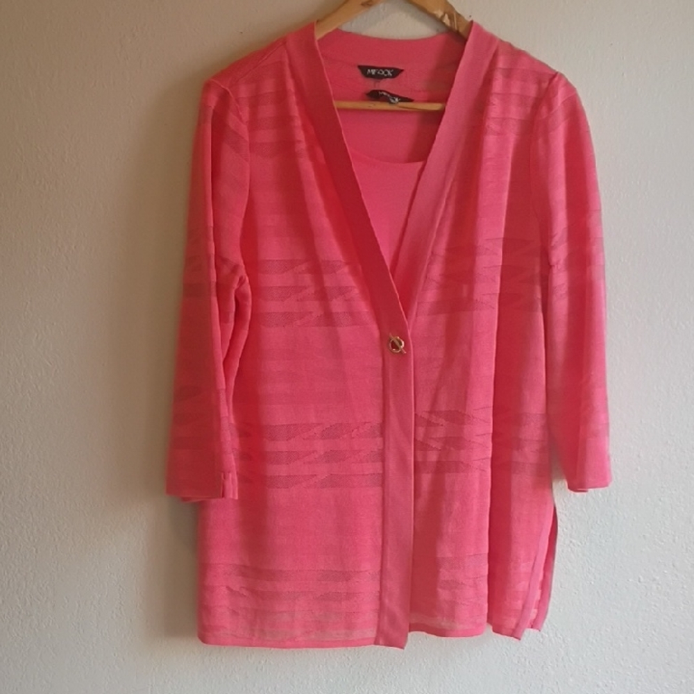 Misook Cardigan Sweater and Top in Coral Pink, Size LP